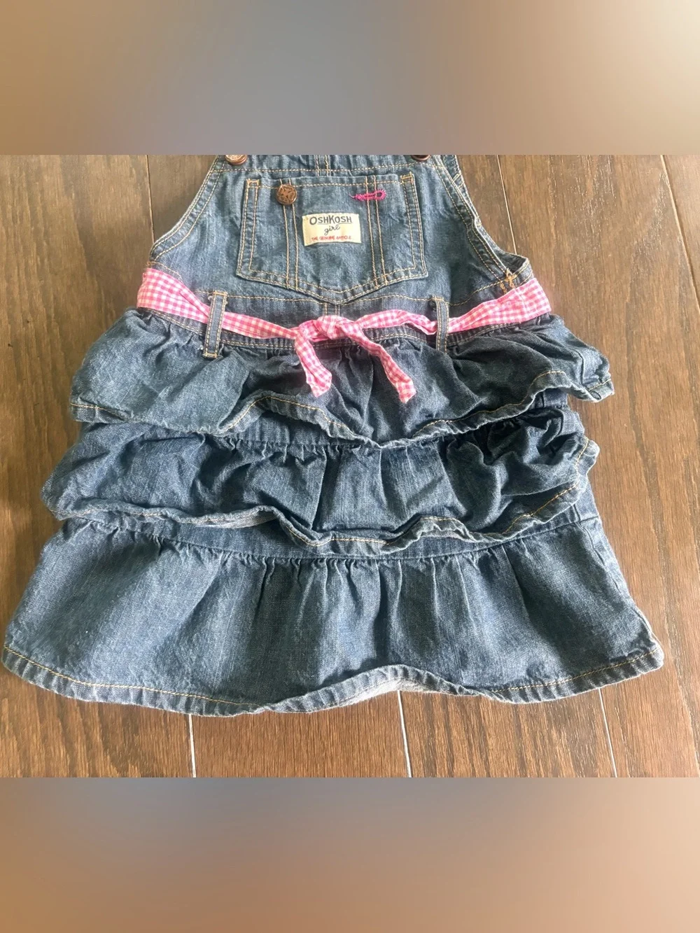 Osh Kosh B’Gosh Denim W/ Pink Gingham Bib Overall Jumper Dress Ruffle Tier- 4T